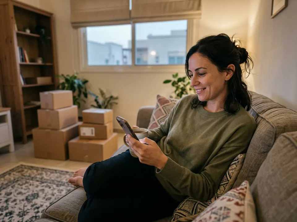A store owner at home in the evening, checking her phone