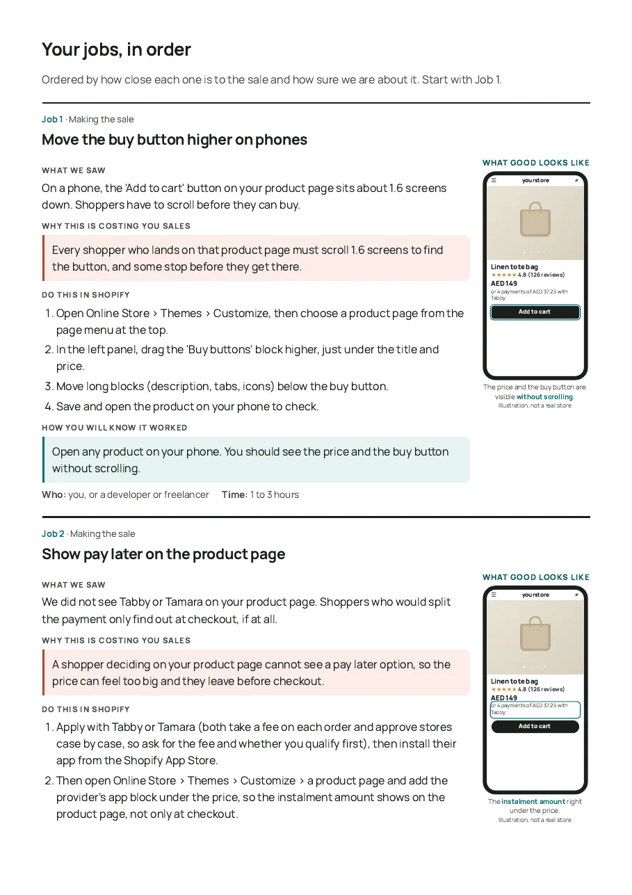 Page two of the sample report: the first fix, with steps and a picture of what good looks like